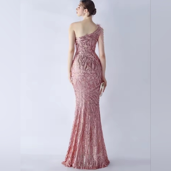 Lotus Pink, Assymmetrical Beaded, Ostrich Feathers, Geo Print, Sequined Gown - Picture 3 of 13